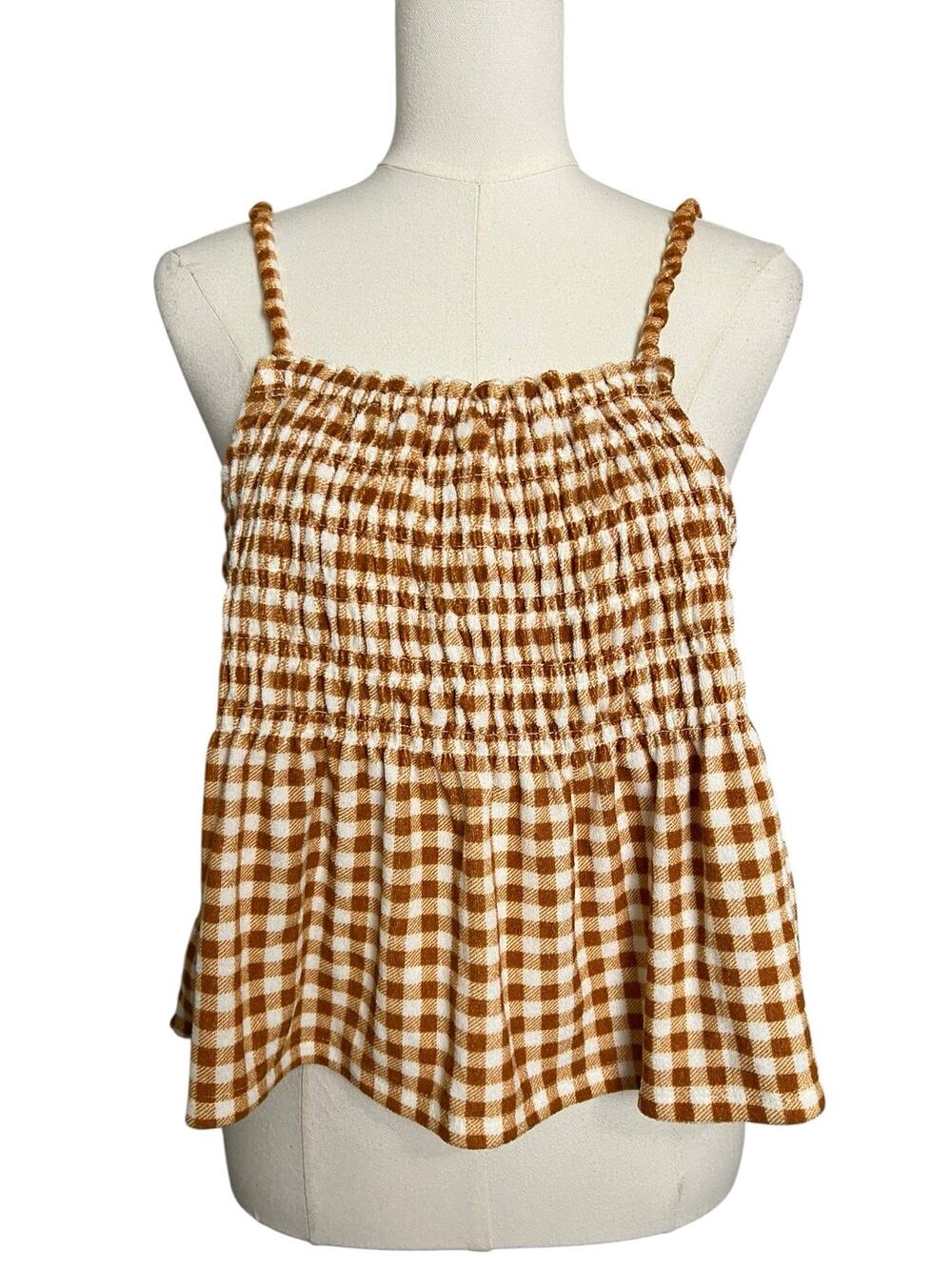 SO Brown Gingham Terrycloth Smocked Babydoll Tank Top XXL Cottagecore